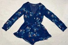 ASTR Women Navy Blue Floral Romper Small Chiffon Flowy Prairie Core Fairy Whimsy