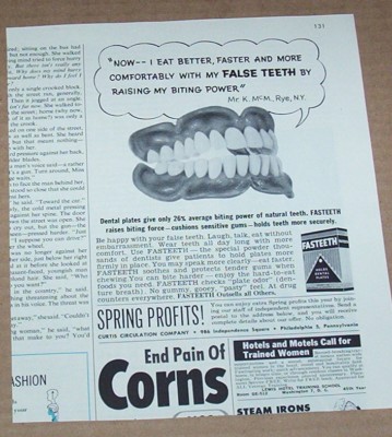 1961 print advertising - Fasteeth False Teeth dentures Rye New York vintage AD