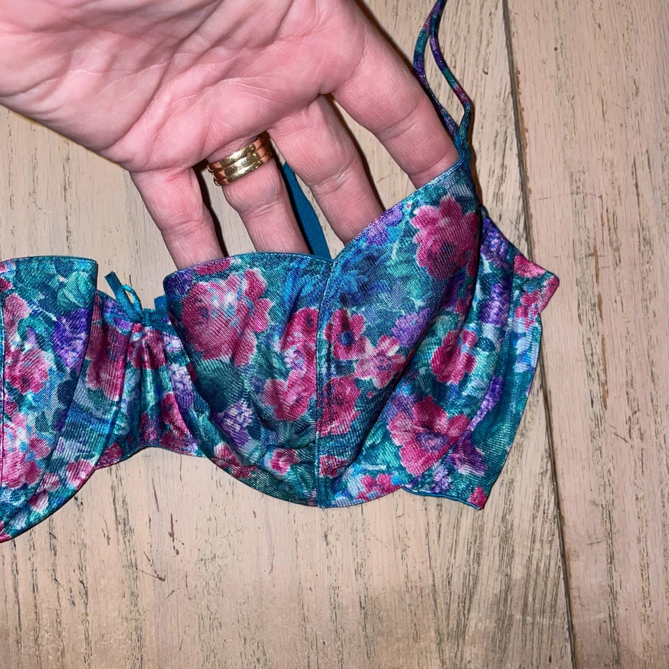 Sujetador De Colección Delicado Con Aros Talla 36B Azul Teal Floral Rosa Sin Forro Doble Correa Foto 3 de 4