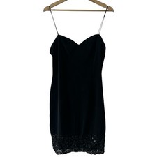 Vintage Niteline by Della Roufogali Black Sequin Lace Slip Dress Size 12 Y2K 90s