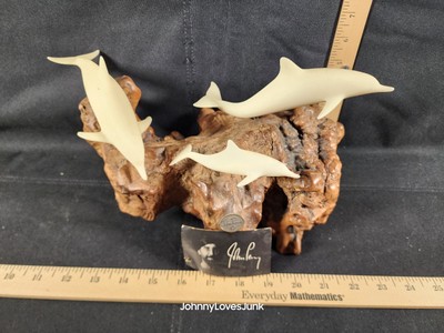 Vintage John Perry Carved Balanite Dolphins Sculpture Burled Driftwood OG Tag
