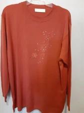 Women’s Sona Tex  Round Neck Sweater Orange Embroidered Floral Gems  Size 3XL