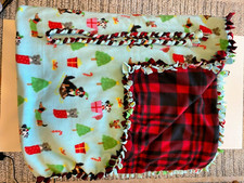 Christmas Dogs/Red Black Plaid/Blue fleece blanket 4'x5.5' hand-tied reversible