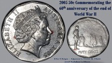 2005 50c WWII Remembrance Die Chips QE's Hair & Nose and Soldier's Shoe [1da]