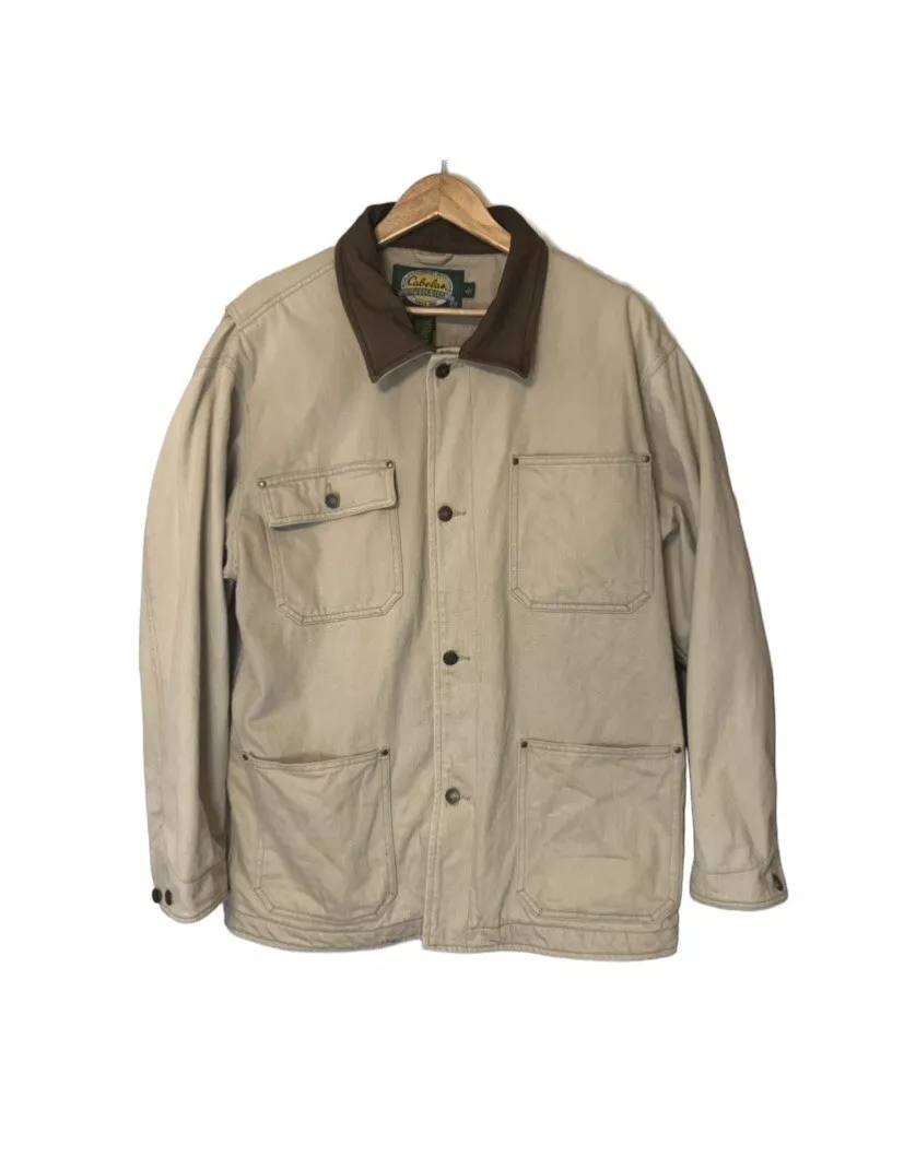 Men s Cabela s Field Coat Barn Chore Jacket Khaki with Leather