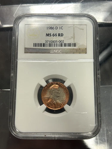 1986 D 1C MS 66 RD Penny Cent Coin Graded NGC 