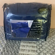 Sunham Luxury 1500 TC King 6 PC Sheet Set Stripe Navy New Other @