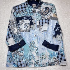 Chico s Size 2 / Large Blue Paisley Patchwork 3/4 Sleeve Linen Reversible Jacket