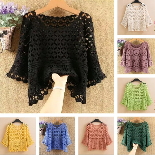 Women's Crochet Crop Top Hollow Pullover Summer concealer- - Bild 4 von 35