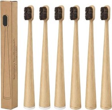 6 Pcs Natural Bristle Bamboo Toothbrush, Horsehair Only, NO Nylon Plastic Free,
