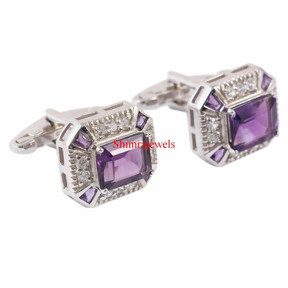 Натуральный аметист драгоценный камень с 18K белое золото покрытием серебряные запонки #121 - Изображение 2 из 4