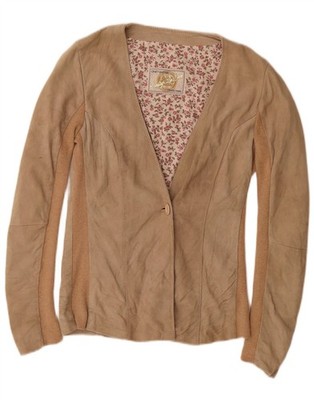 Trademark Damen 1 Knopf Wildleder Blazer Jacke UK 10 Small Beige Colourblock DE12