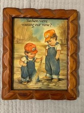 Vintage Coby Wood Lacquered Plaque Little Boys in Dirt 1950s-60s 11.5 x 9.5