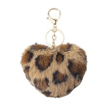 Leopard Pom Pom Bag Charm, Cute Plush Heart Keychain Car Hanging Keyring Brown