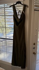 Lulu’s Aernah Olive Satin Cowl Tie-Back Slip Maxi Dress Size L Womens NWT