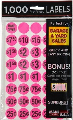Sunburst Systems 1000 Garage Sale Price Stickers Pink Pre-printed Labels 7035