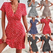 Women Sundress V Neck Floral Summer Mini Dress Ladies Short Sleeve Holiday Sexy