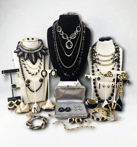 Vintage Black And Gold Tone Jewelry Lot With Monet Napier Trifari & More! 2lbs