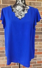 MINE Scalloped V-Neck Short Sleeve Solid Blue Top Cozy & Chic Boutique SZ L