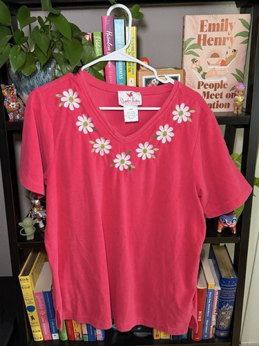 Vintage Quacker Factory Pink Tshirt With Daisy Flower Embroidery And Beading L