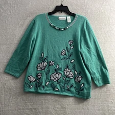 Alfred Dunner Womans Sweater Top Green Floral Large Cotton Blend Bead Pullover