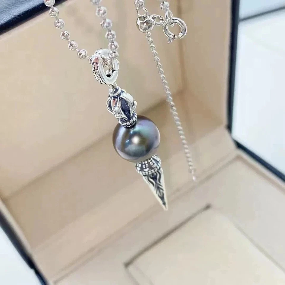 charming 10-11mm tahitian round black green pearl pendant 925s - Image 4 of 4