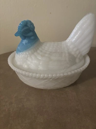 Westmoreland Vintage Milk Glass Hen On Nest with Blue Head