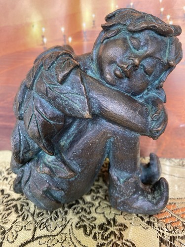 Antique Vienna Bronze Sculpture Sitting Boy In Oak Leaves Cast Figure, Austrian