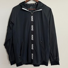 Nike Dri-FIT Mens Hooded Windbreaker Jacket Black Logo Tape Full Zip Medium