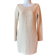 Windsor Nude Champagne Beaded Bodycon Mini Dress Long Sleeve V Back Size Med
