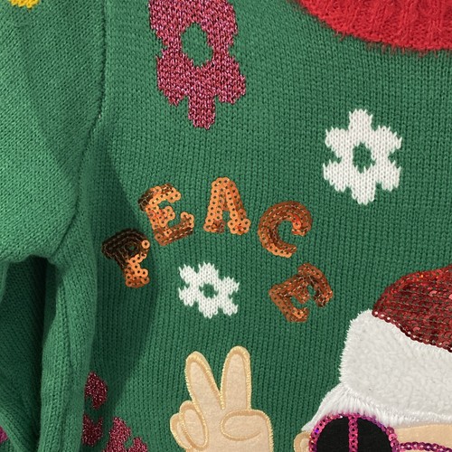 Holiday Time Girl’s Christmas Sweater Groovy Santa Peace Sign Green/Red XXL 18 - Picture 4 of 10