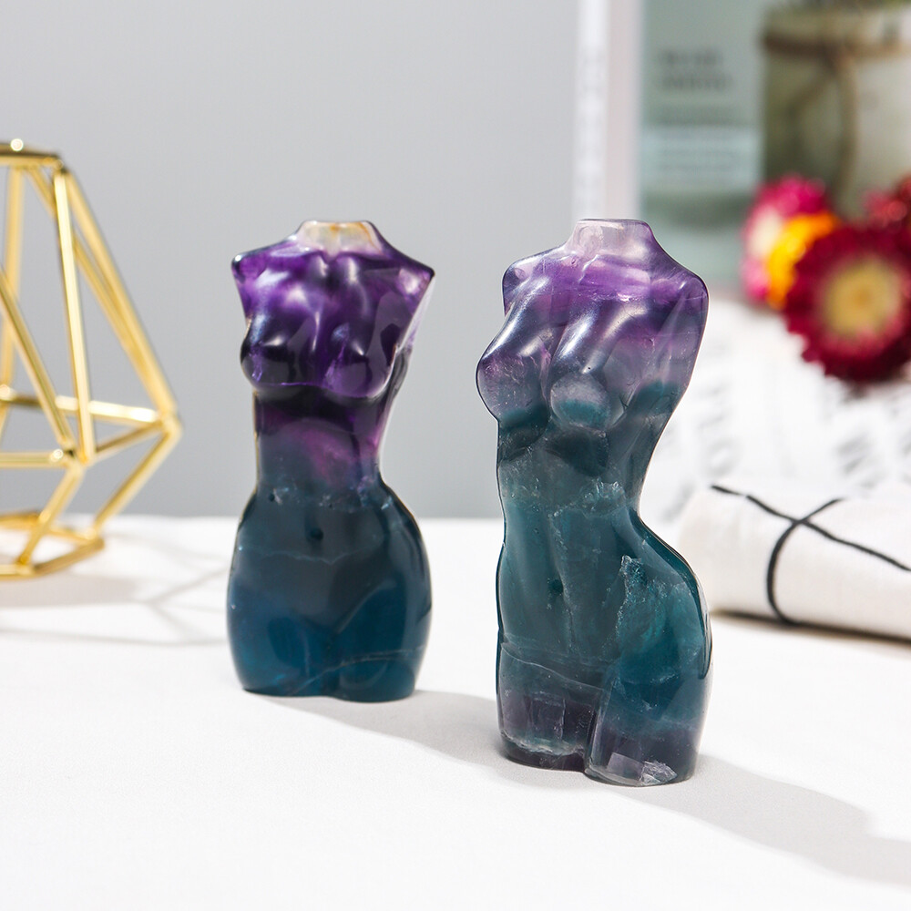 3 Inch Natural Blue Purple Fluorite Crystal Goddess Body Carved Sculpture