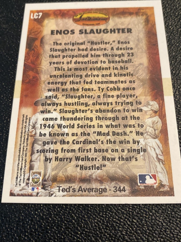 1993 BASEBALLARTIST SIGNED GENE LOCKLEAR LC7 ENOS SLAUGHTER (HOF