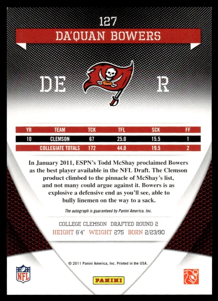 2011 Donruss Elite Turn of the Century Da'Quan Bowers Auto RC /299 Bucs #127 - Image 2 of 2