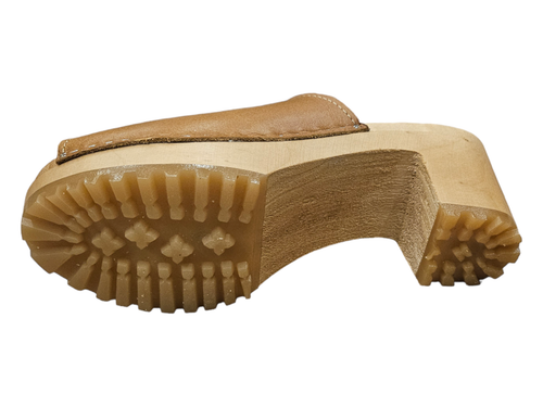 High heel Swedish wooden Clogs of natural brown leather with open toe uppers - Picture 6 of 10