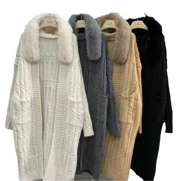 OFF WHITE Cardigan maglione lungo con cappuccio cappotto lana collo pelliccia volpe grande caldo ispessito
