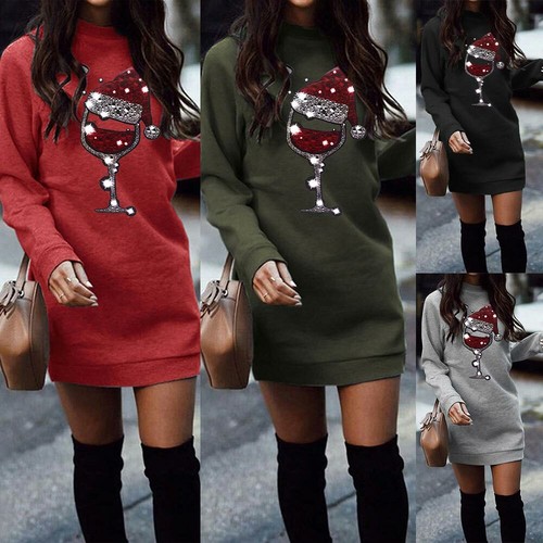 UK Damen Weihnachten Santa Sweatshirt Kleid Pullover Pulli Xmas Party Minikleid - Bild 7 von 14