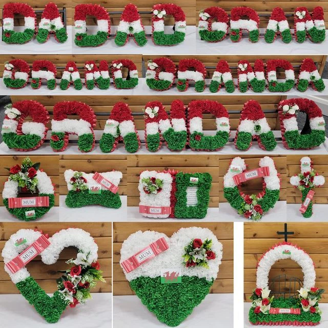 ELITE FLORAL DESIGN Welsh Funeral Flowers Artificial Tribute Wreath Memorial Dad Heart Cross Flag