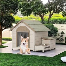 Outdoor Dog House, Fir Wood Dog Kennel w/ Storage Box  Elevated Feeding Station