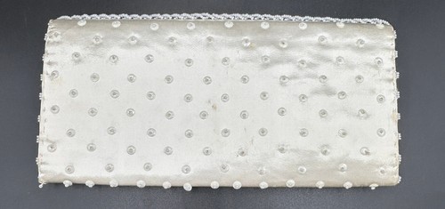 Vtg Handmade Beaded Satin Clutch Hong Kong Fold-Over Purse White Sequins 9 x 4.5 - Picture 2 of 9