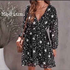Black V Neck White Star Pattern Size Medium Above Knee Tunic Dress NEW
