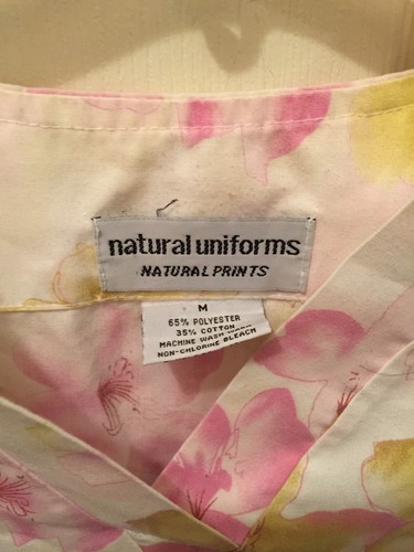 NATURAL UNIFORMS SCRUB TOP Womens M Medium V-Neck Cream Yellow Pink Floral Print - Picture 2 of 4