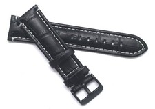 22mm Black Croco Embossed Leather Contrast Stitch Watch Band Black Tone Buckle