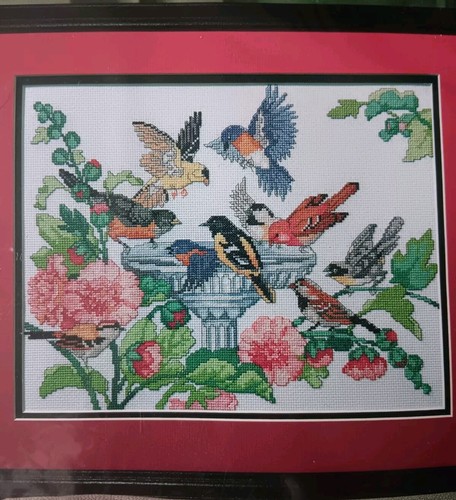 Bucilla BIRD BATH Counted Cross Stitch Kit Songbirds Flowers 13x10 40863 NIP - Picture 2 of 6