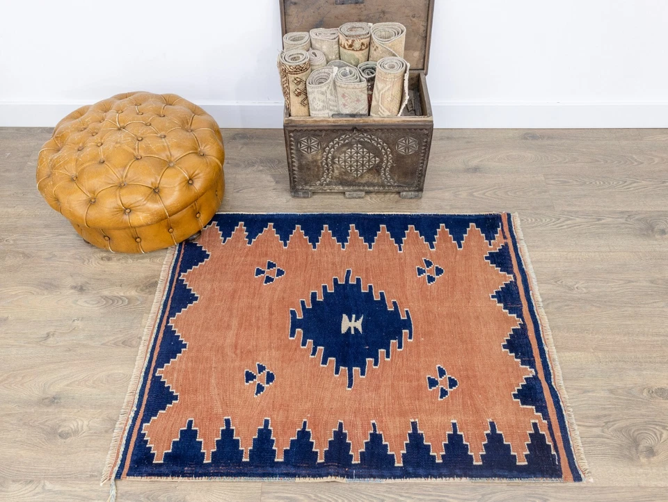 Alfombra moderna minimalista Oushak hecha a mano 3,1x3,11 pies estilo navajo turco vintage Foto 3 de 4