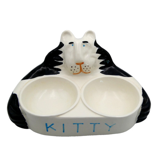 Annie Katz Hand Painted Double Kitty Cat Food Dish Feeding Ceramic 1984 Vintage