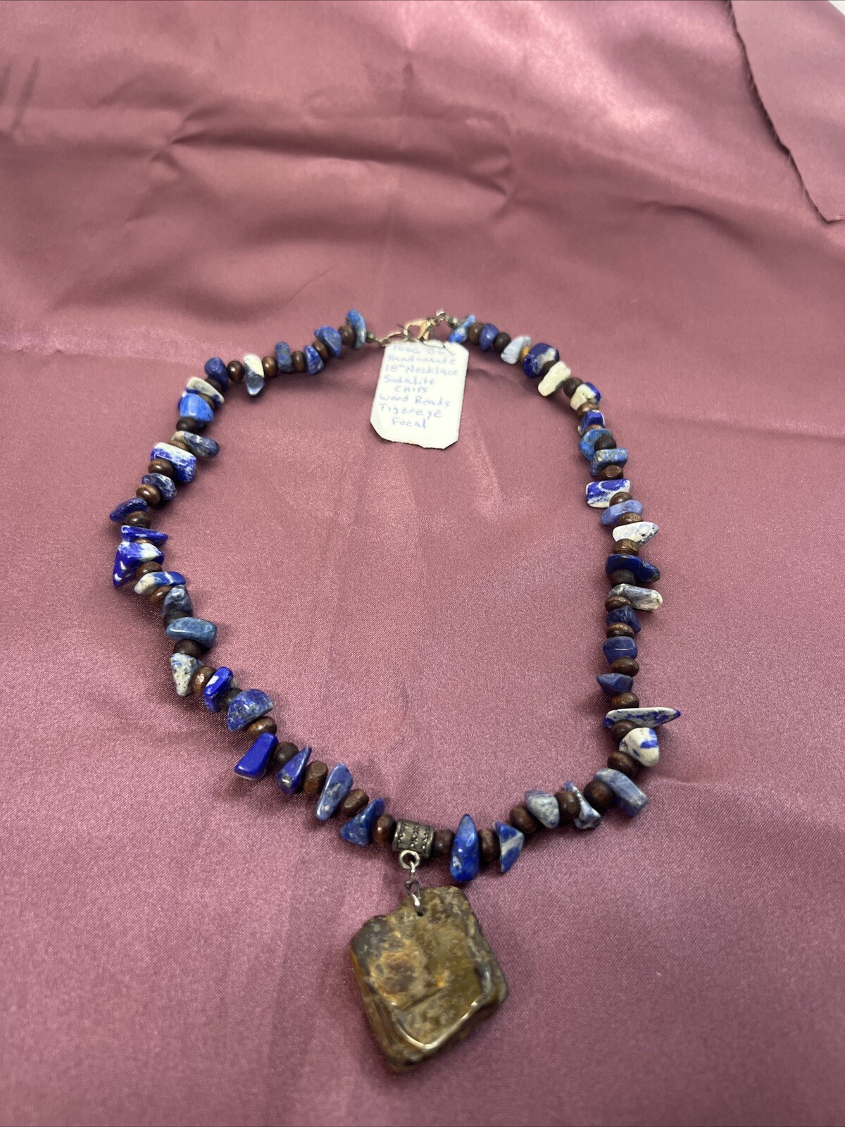 Handmade 18 Inch sodalite Chips necklace Wood Beads Tiger Eye Focal