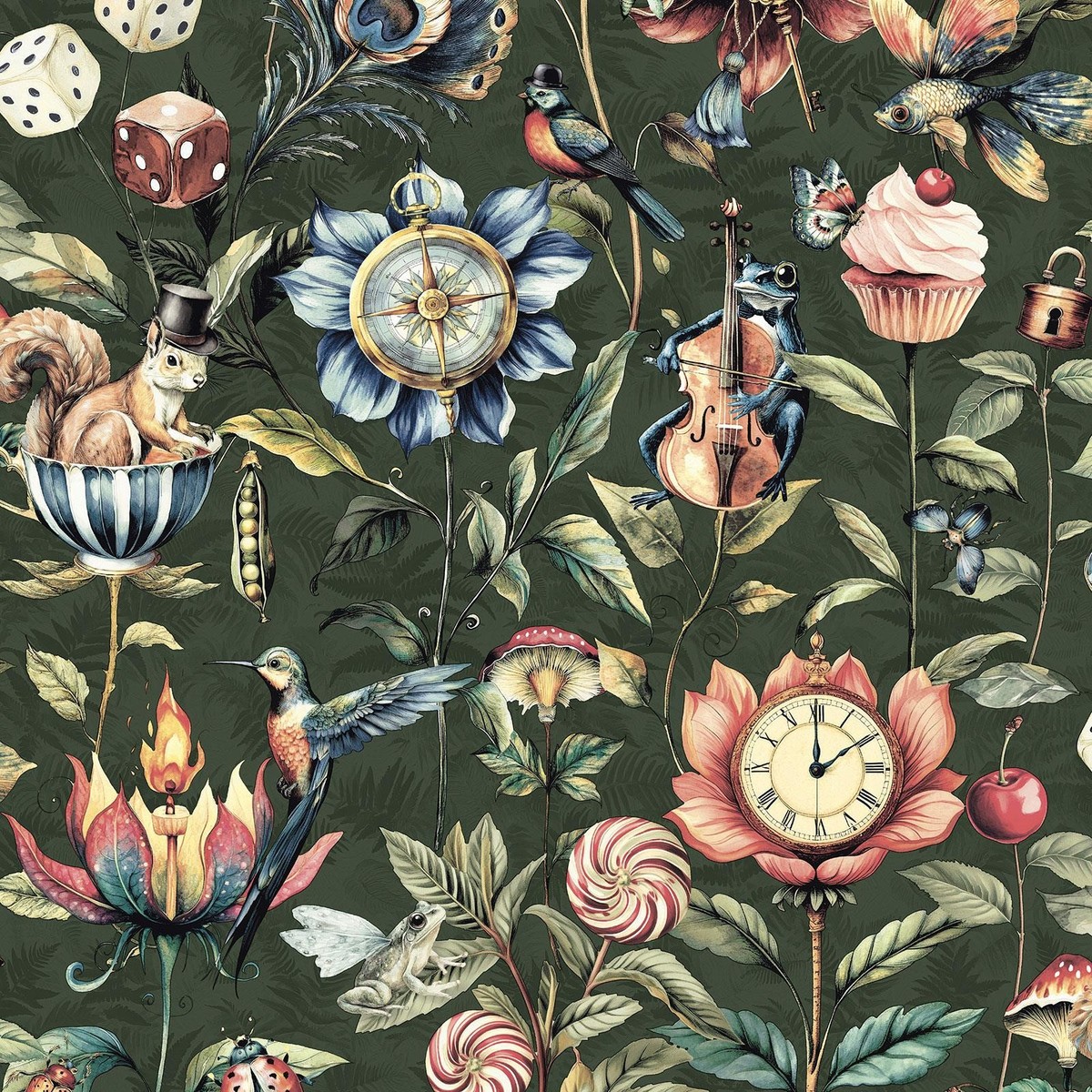 Floral Tapete Smaragdgrün / Multi – Tiermotive & Neugierige Kreaturen, Holden 13921