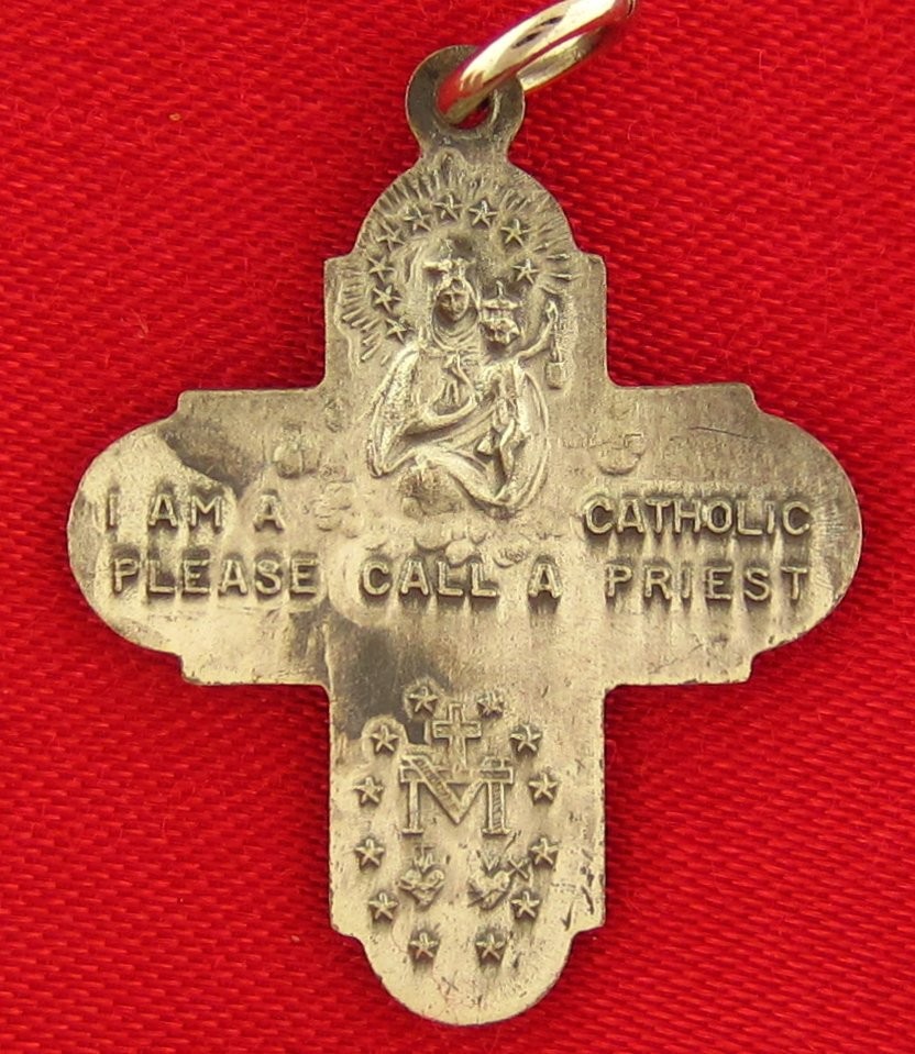 Vintage FOUR WAY CROSS Medal JESUS MARY JOSEPH ST CHRISTOPHER Silvertone Medal