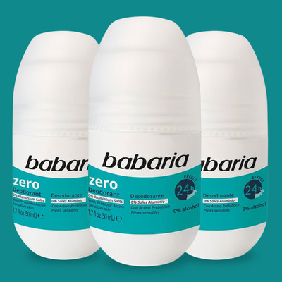Babaria Zero Deodorant Roll-On 50ml  24h, No Salts or Alcohol, (3-Pack)